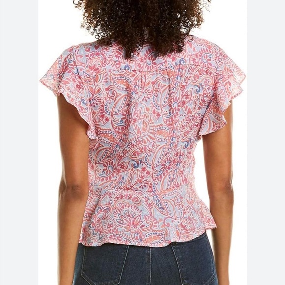 Nanette Lepore Paisley Ruffle-Sleeve Peplum Blouse Sz Large - Picture 3 of 9